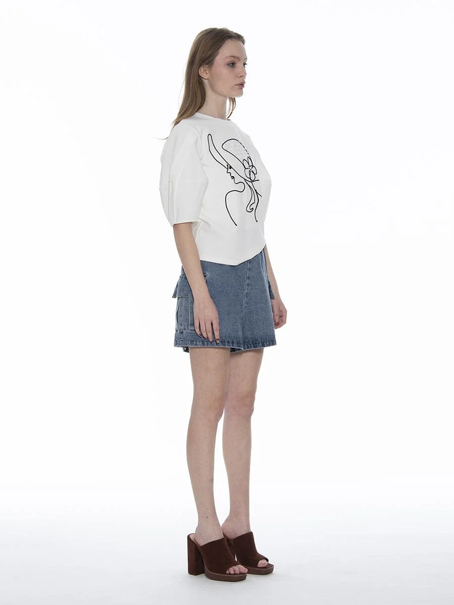 Abstract Face Embroidered Puff Sleeve Top - Image 3