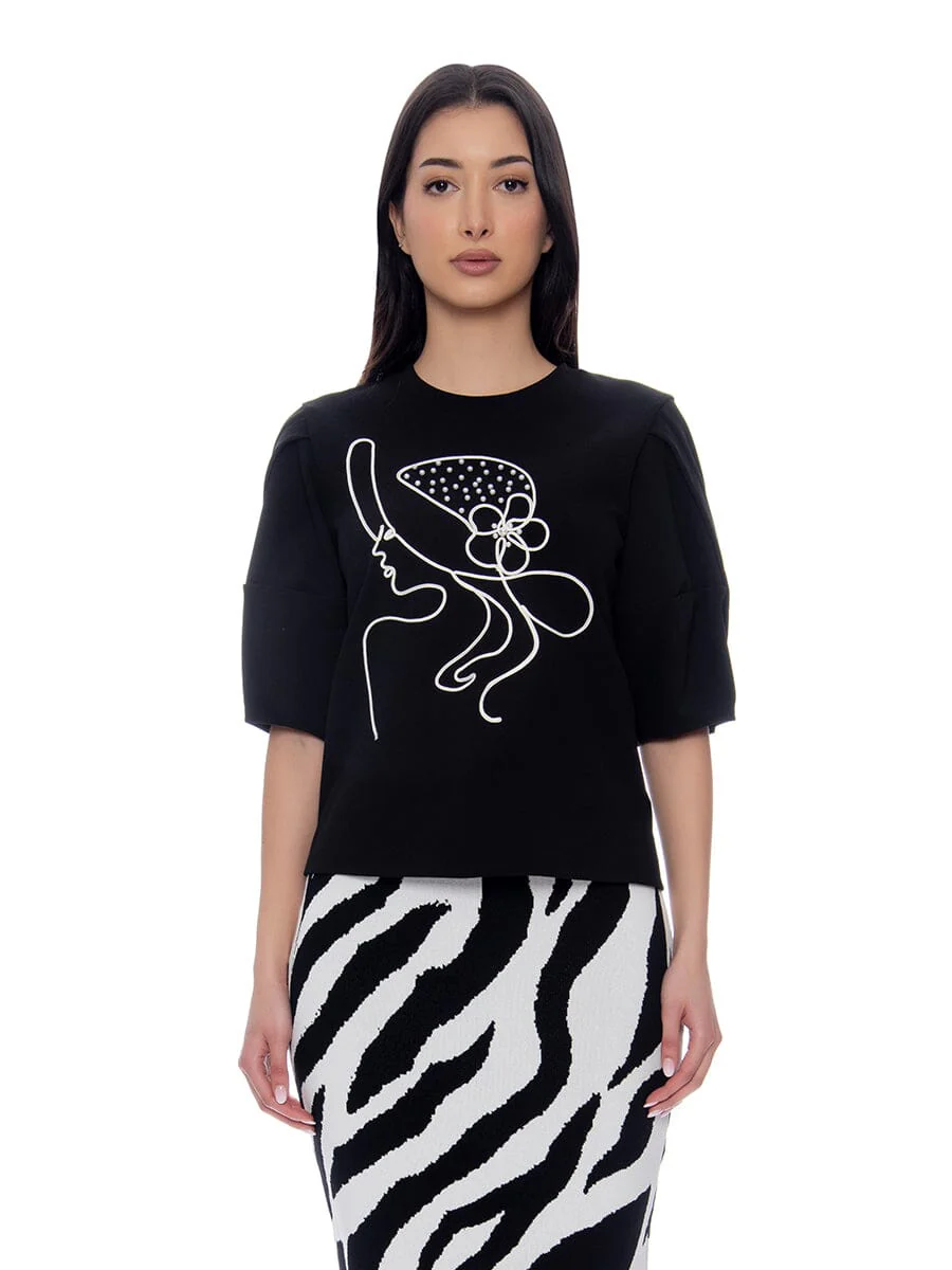 Abstract Face Embroidered Puff Sleeve Top - Image 5
