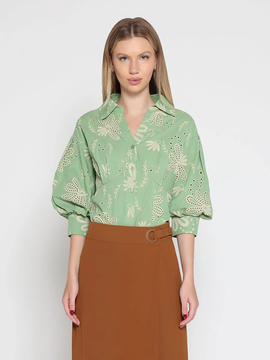Collared Puff Sleeve Patterned Shirt - Image 5