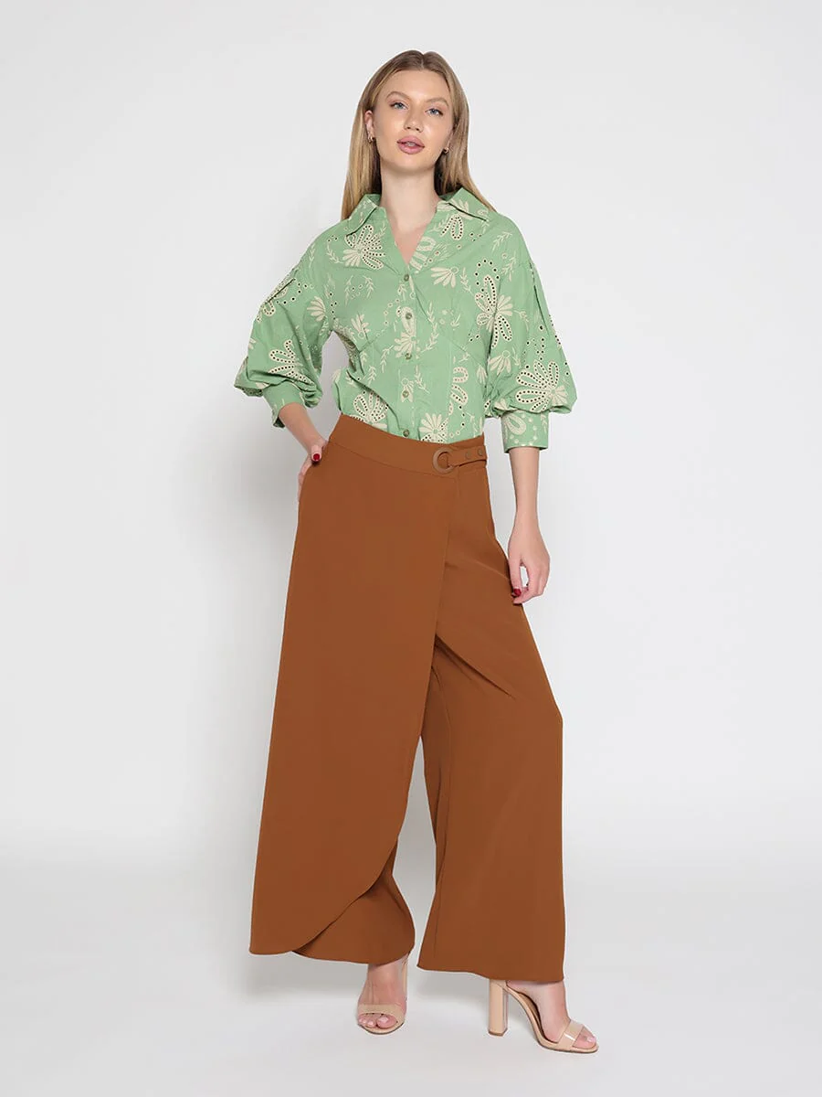 Collared Puff Sleeve Patterned Shirt - Image 6