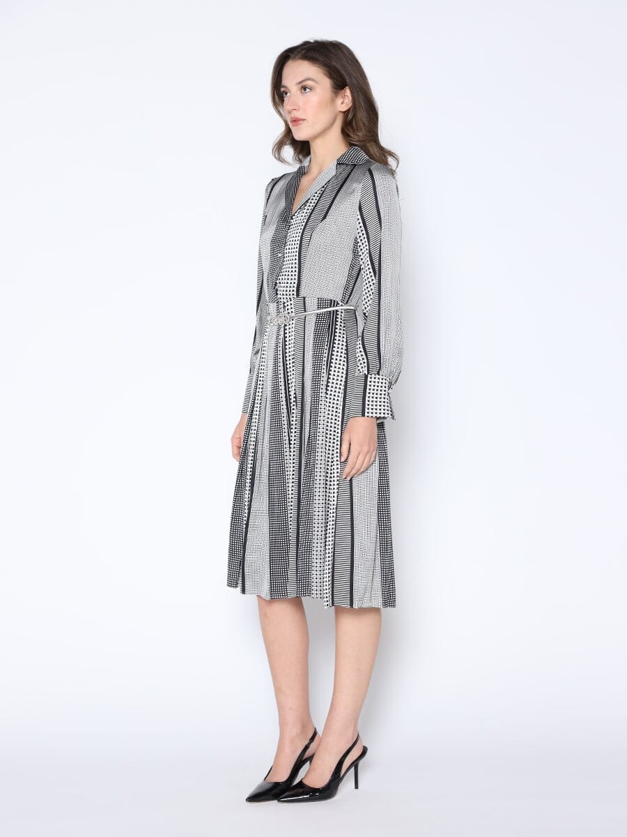 Color Block Satin Lapel Collared Belted Dress - Image 3