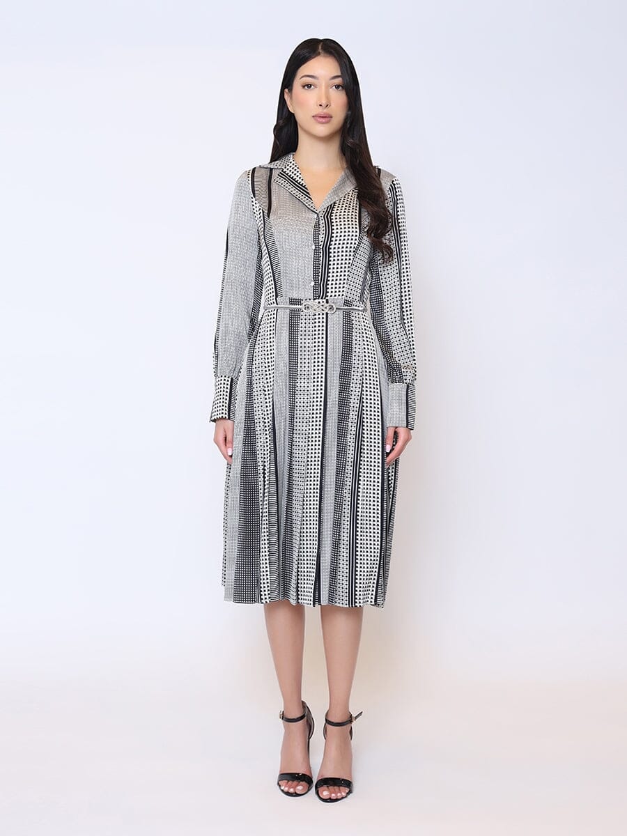 Color Block Satin Lapel Collared Belted Dress - Image 5