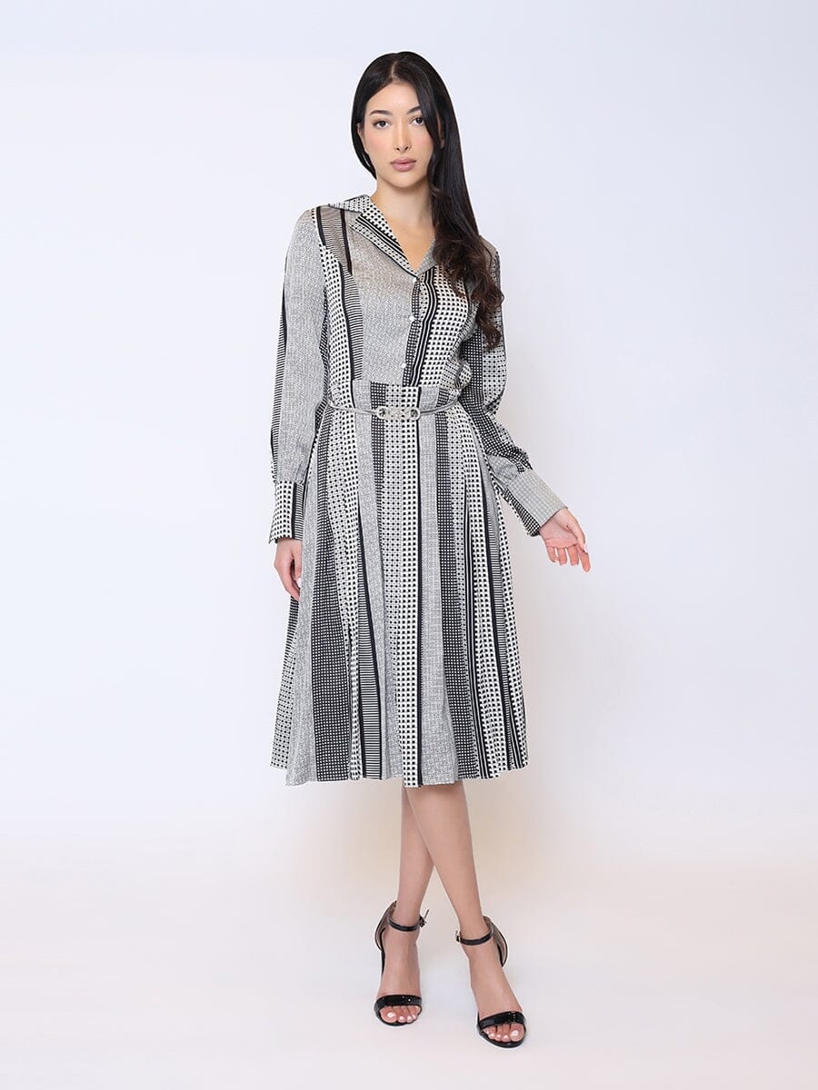 Color Block Satin Lapel Collared Belted Dress - Image 6