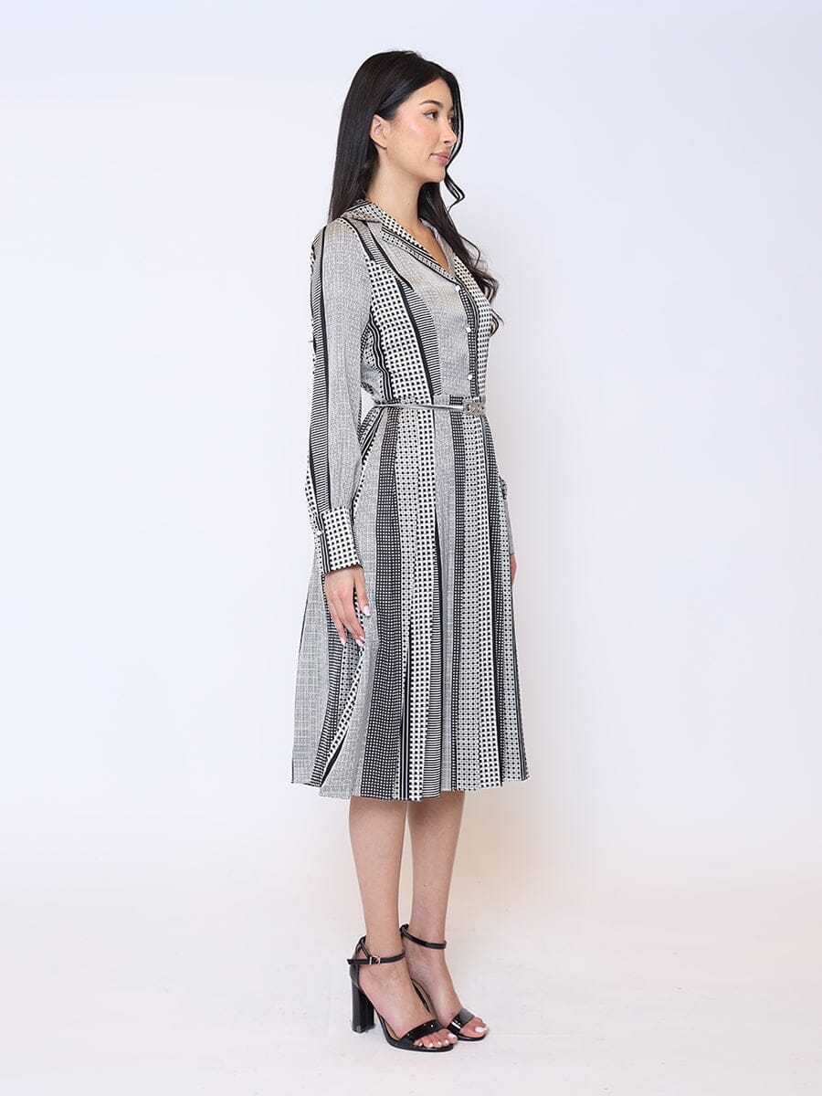 Color Block Satin Lapel Collared Belted Dress - Image 7