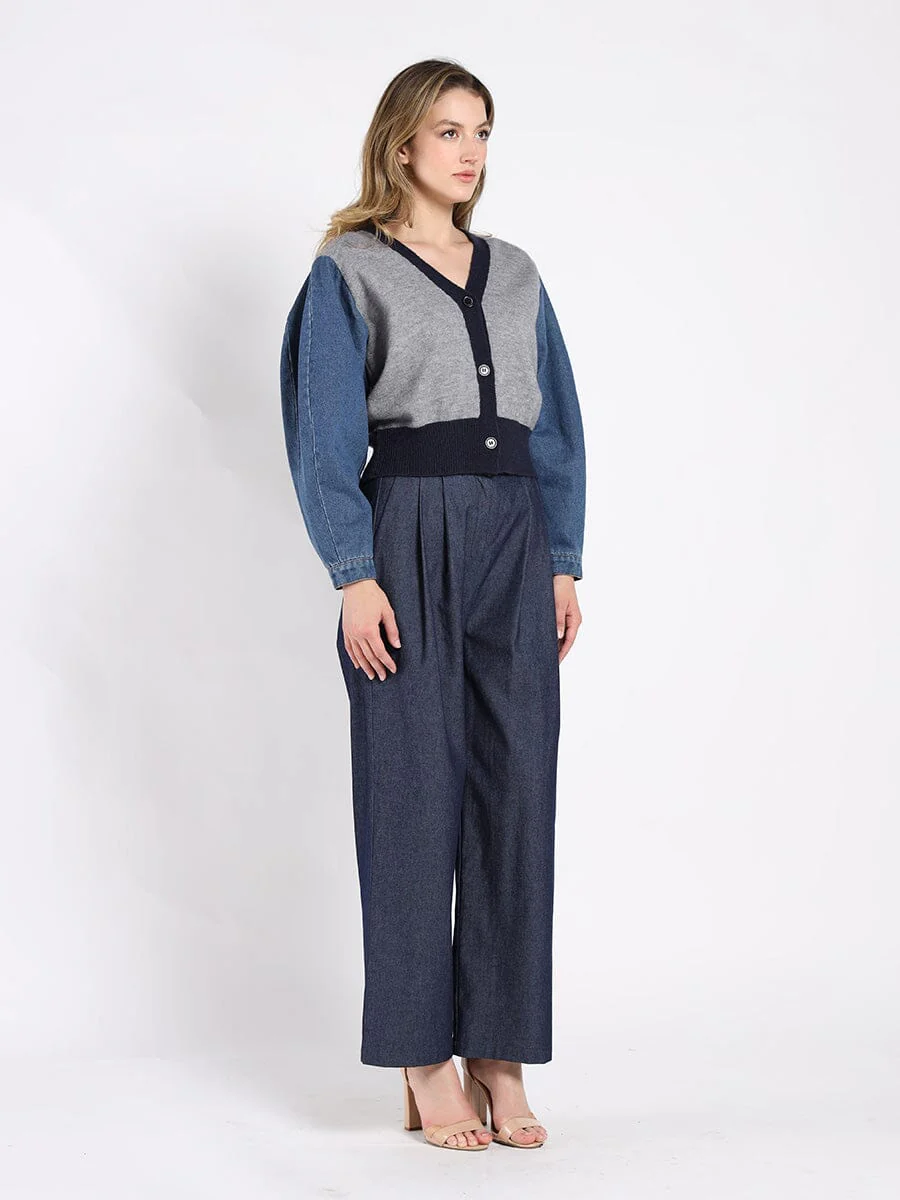 Contrast Cropped Denim Sleeve Button Up Cardigan - Image 3