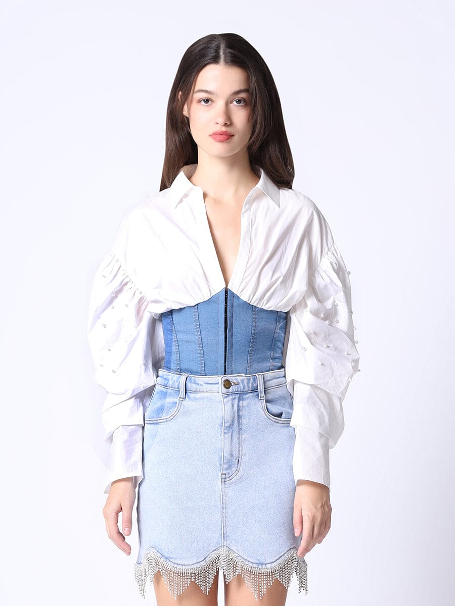 Denim Corset Waist Pearl Point Puff Sleeve Top - Image 3