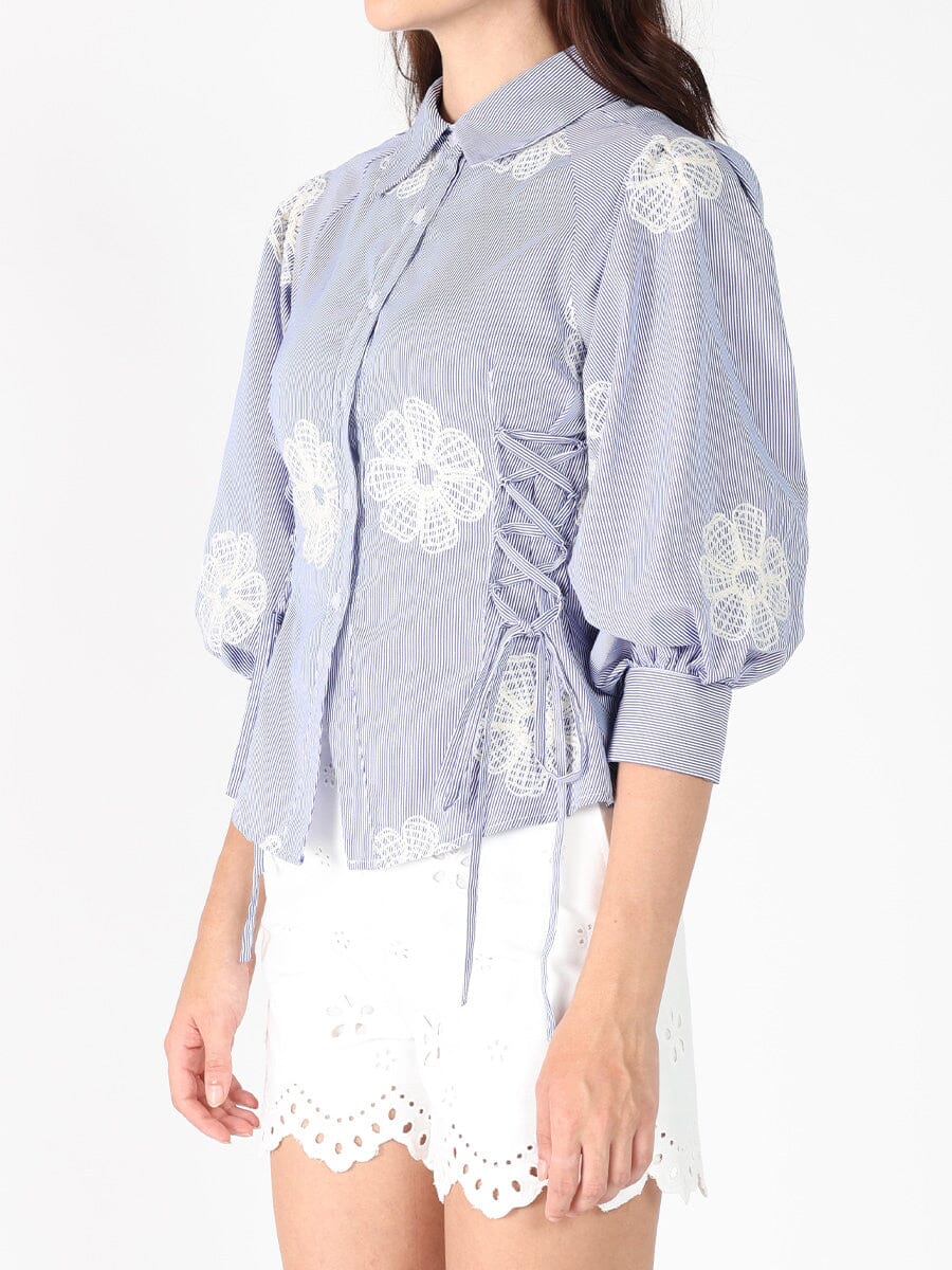 Embroidered Stripped Side Tie Long Sleeve Top - Image 3