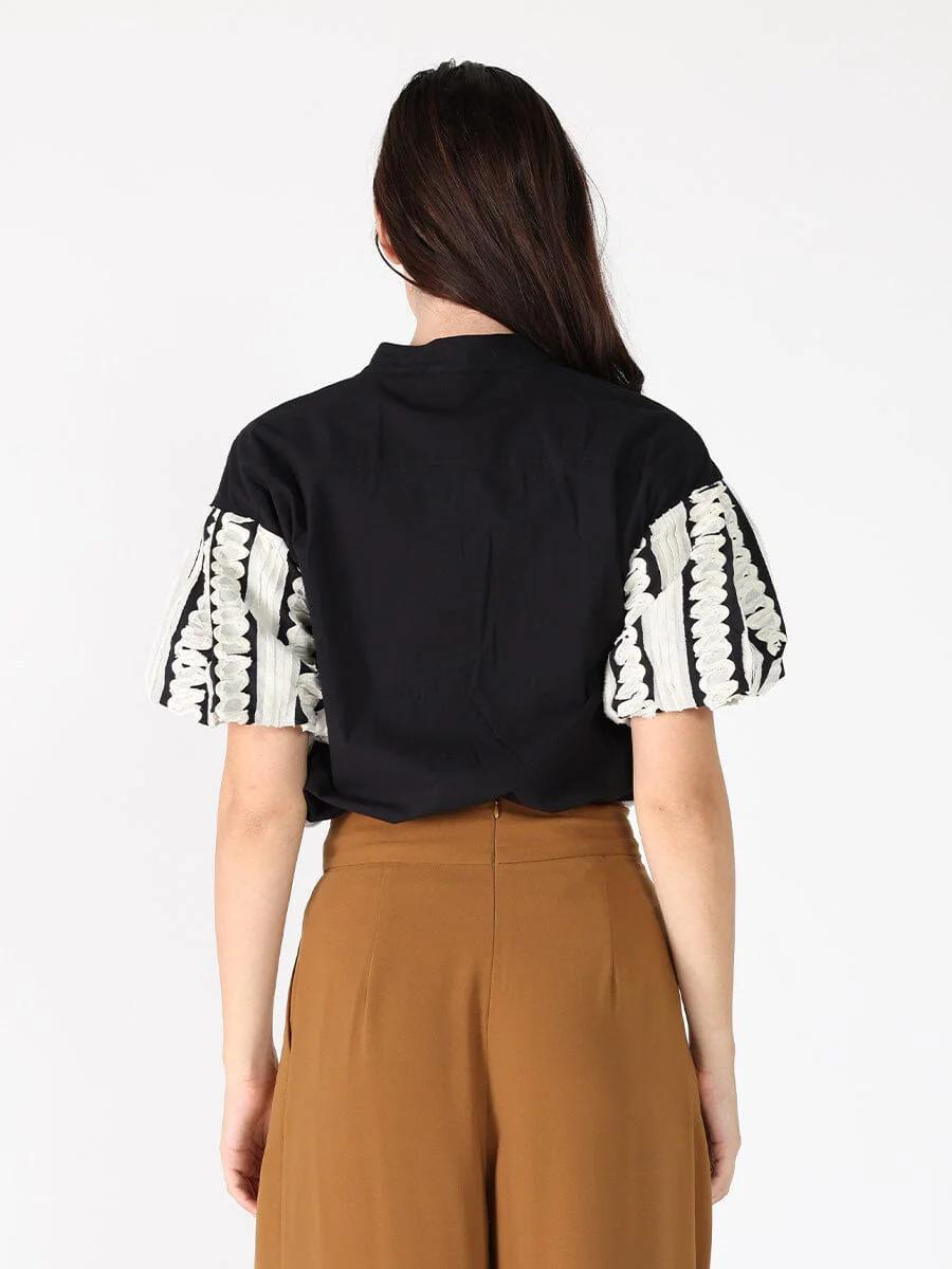 Emroidered Band V-Neck Puffed Sleeve Top - Image 4