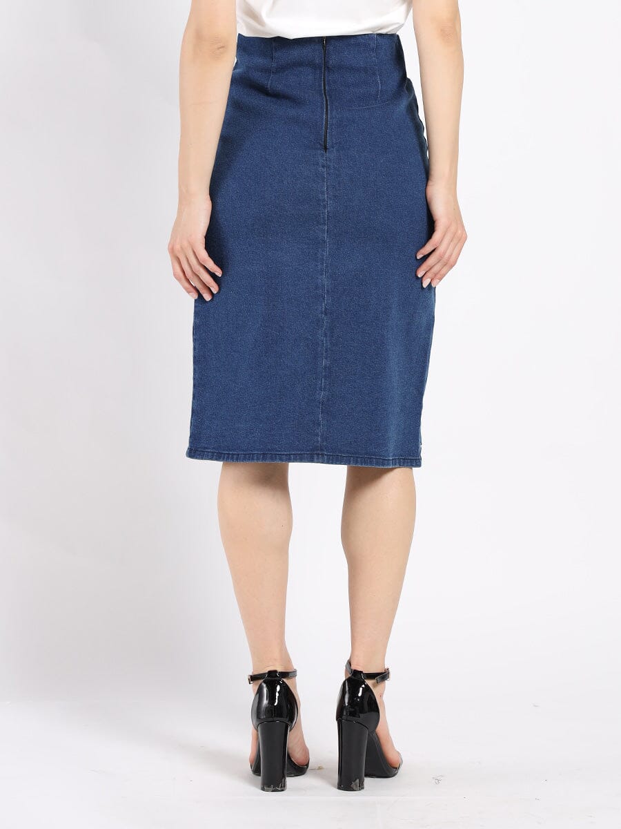 Floral Embroidered Front Slit Denim Skirt - Image 4