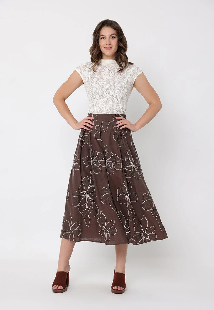 Floral Embroidery Pleated A-Line Skirt - Image 2