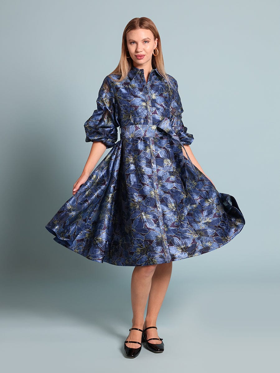 Floral print pinched detail sleeve midi dress