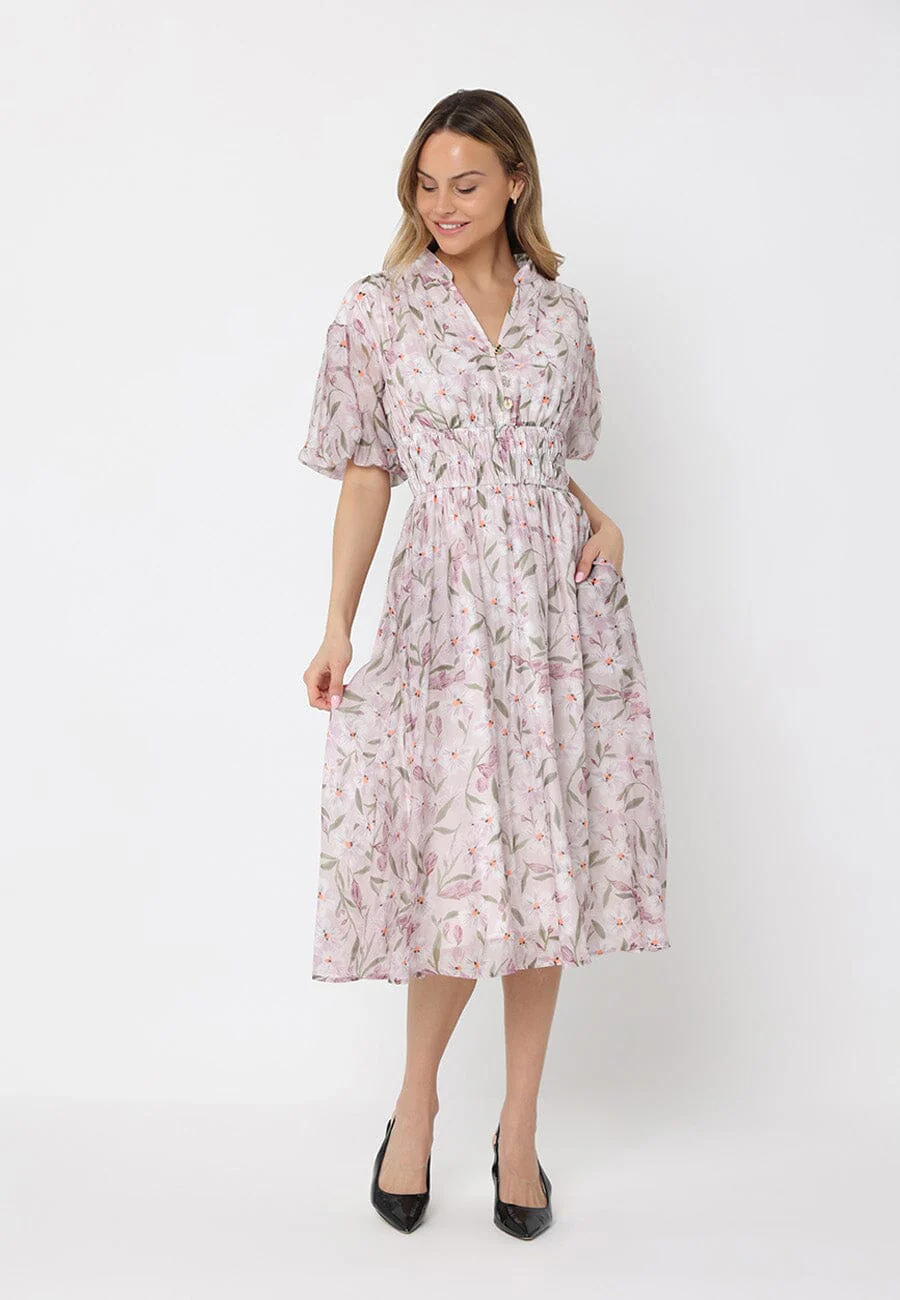 Floral Print Puff Sleeve Elastic Waist A-Line Dres - Image 2