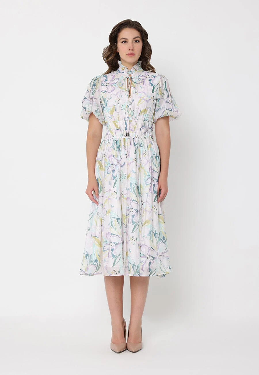 Floral Print Puff Sleeve Elastic Waist A-Line Dres