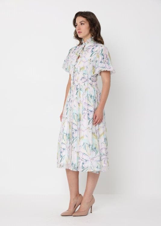 Floral Print Puff Sleeve Elastic Waist A-Line Dres - Image 3