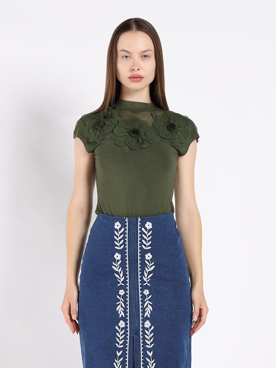 Flower Applique Mock Neck Cap Sleeve Top - Image 5