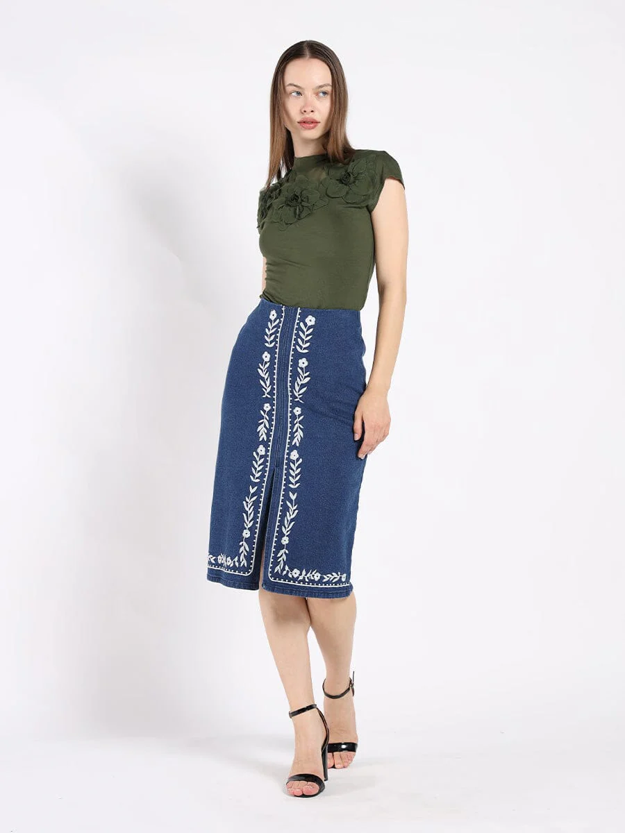 Flower Applique Mock Neck Cap Sleeve Top - Image 6