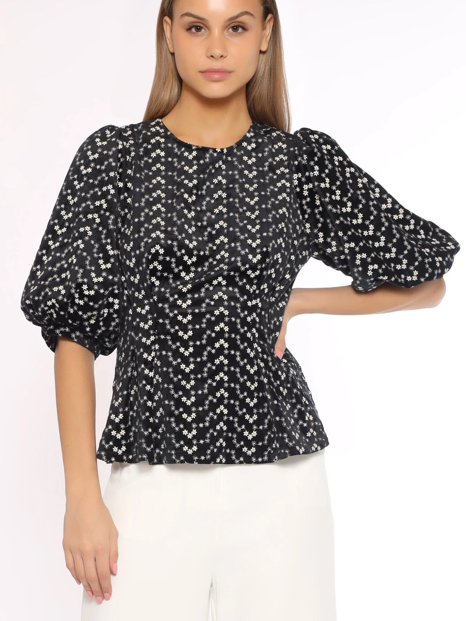 Flower Embroidered Puff Sleeve Peplum Style Blouse - Image 13