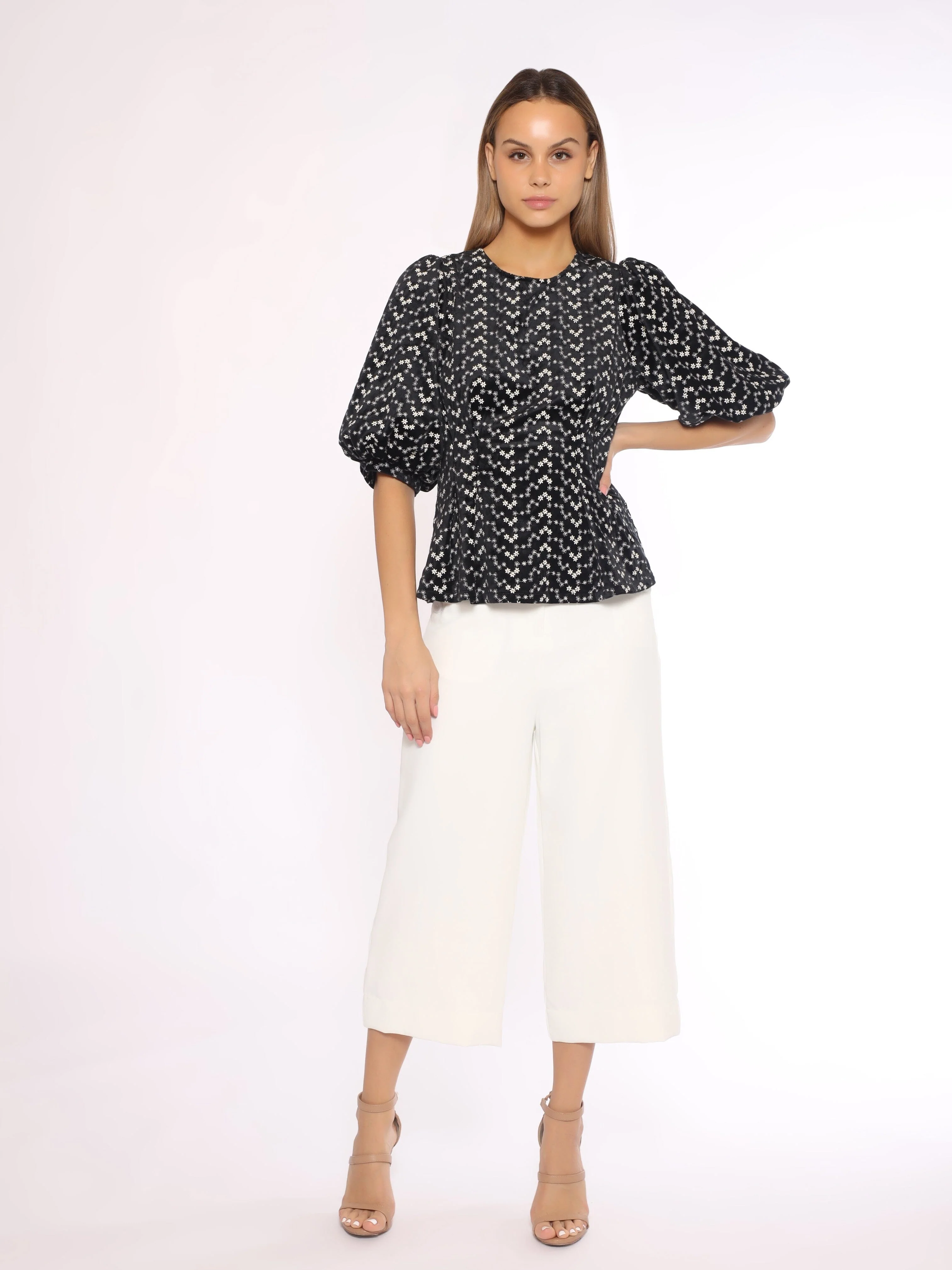 Flower Embroidered Puff Sleeve Peplum Style Blouse - Image 14