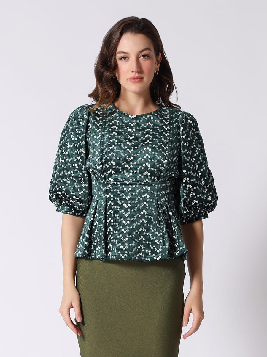 Flower Embroidered Puff Sleeve Peplum Style Blouse - Image 5