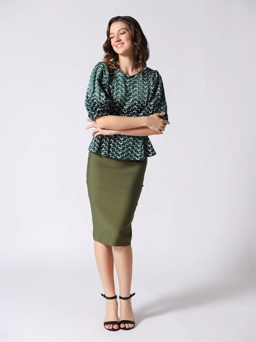 Flower Embroidered Puff Sleeve Peplum Style Blouse - Image 6