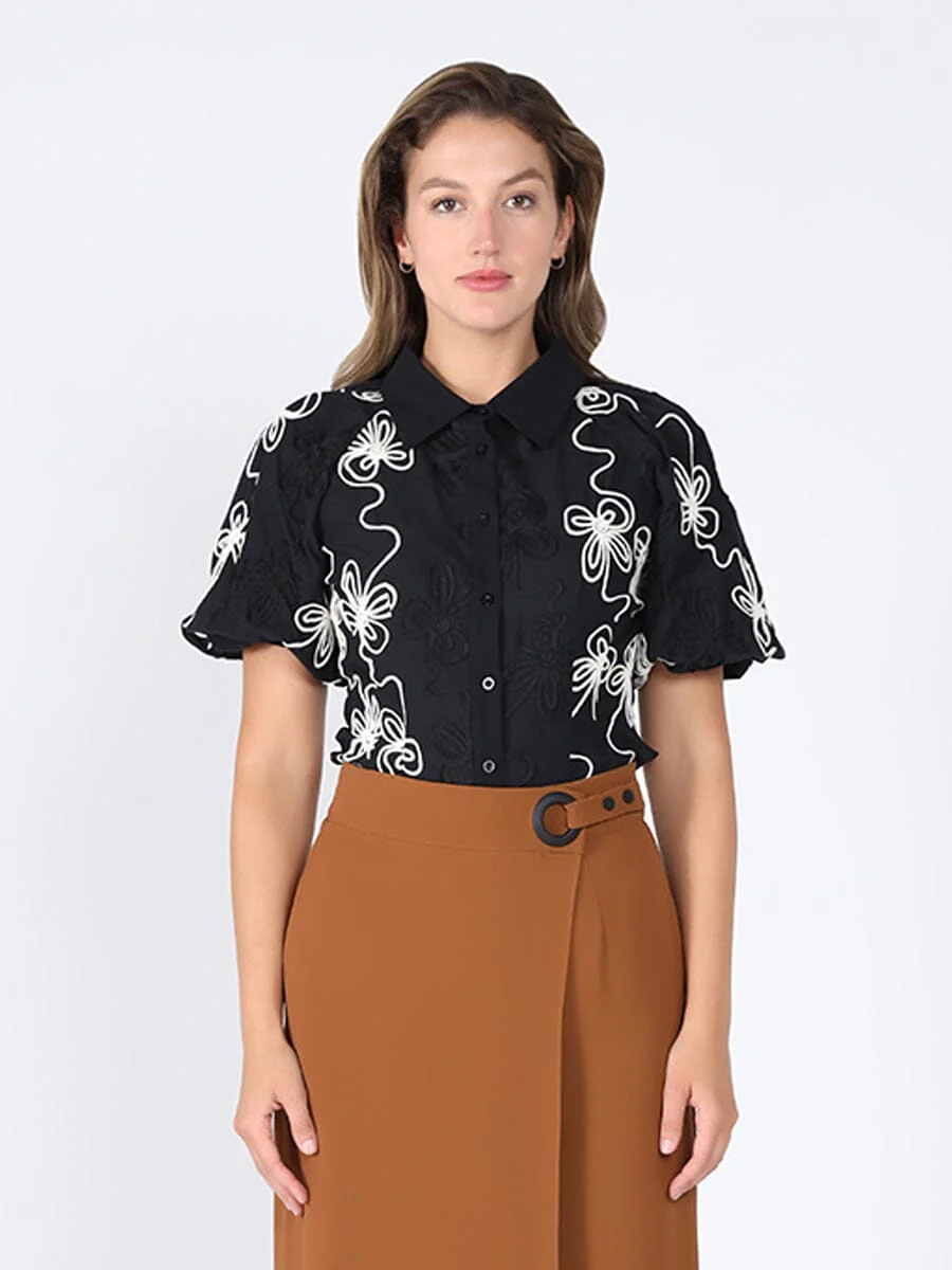 Flower stitch puffed sleeve shirt - Image 9