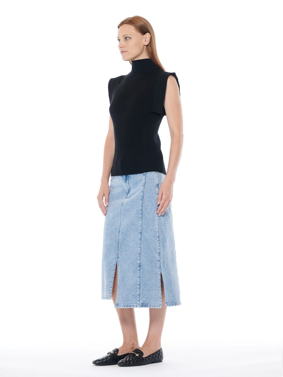Front & Side Slit Straight Cut Midi Denim Skirt - Image 3