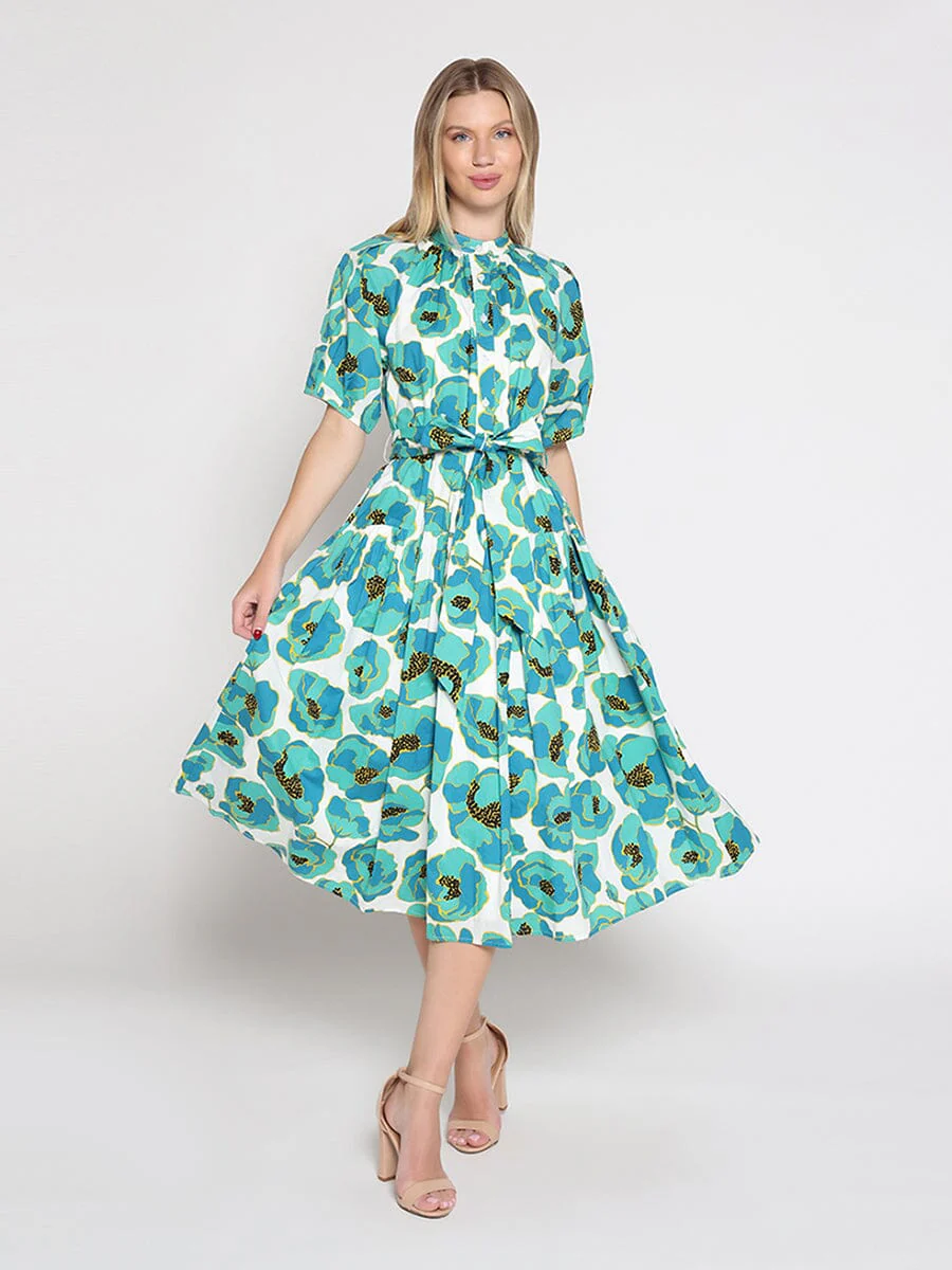 Gathered neck floral print belt dress - Image 2
