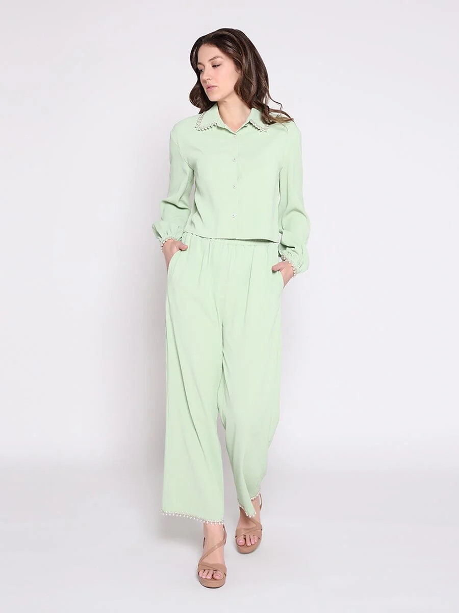 High Elastic Waist Pearl Hem Pants - Image 2