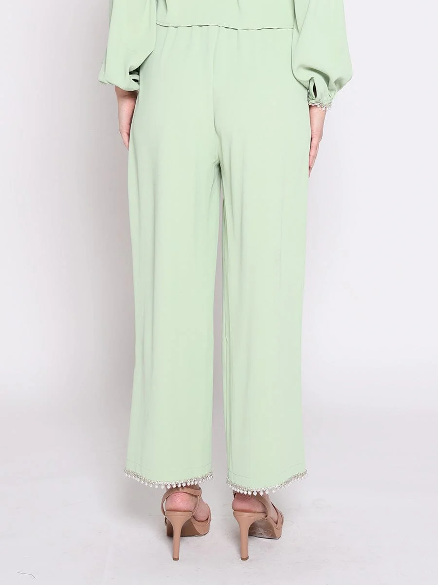 High Elastic Waist Pearl Hem Pants - Image 4