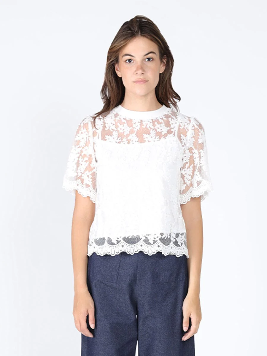 Lace Work Crew Neck Scallop Hem Top