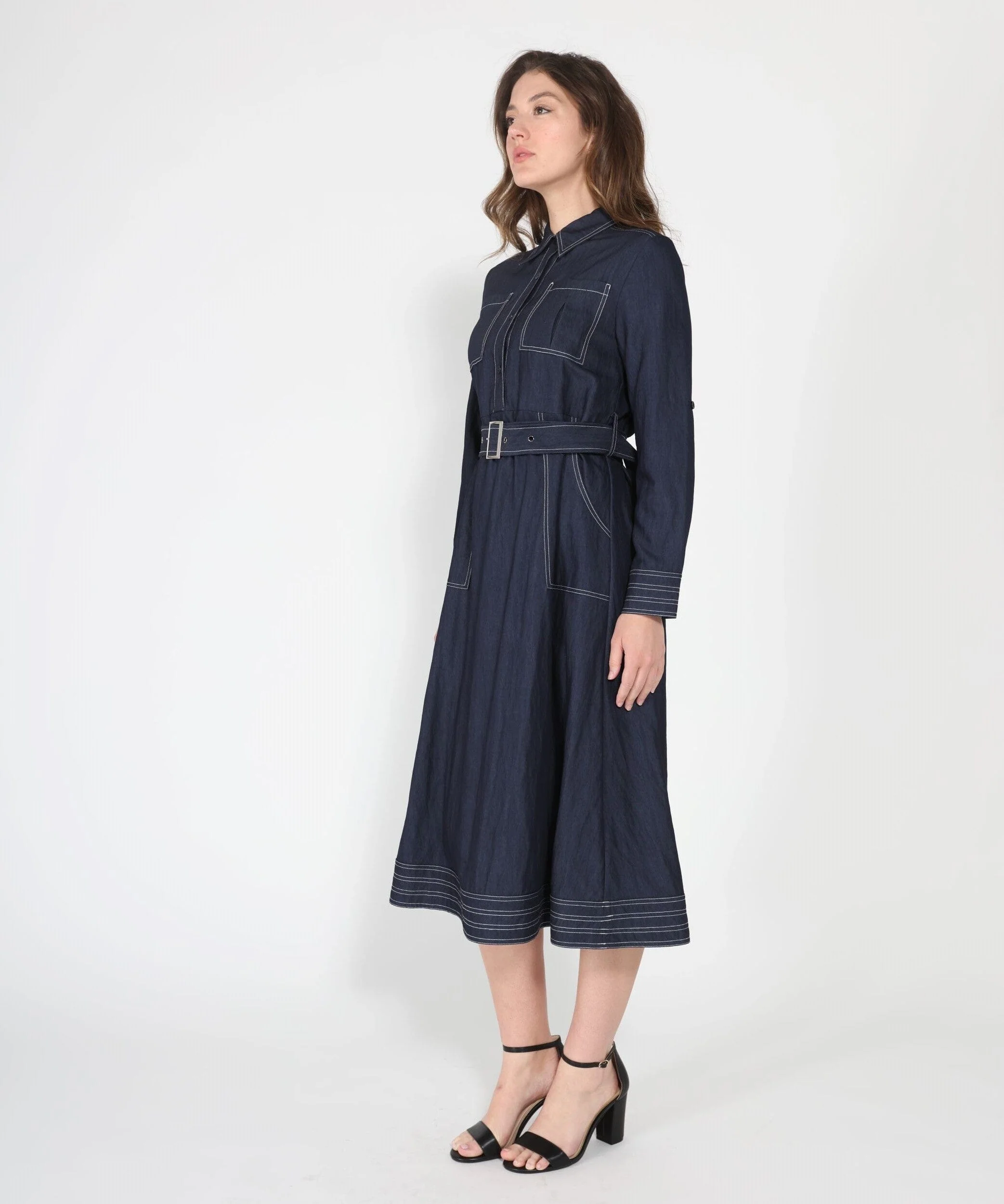 Long sleeve contrast stitch denim midi dress - Image 3