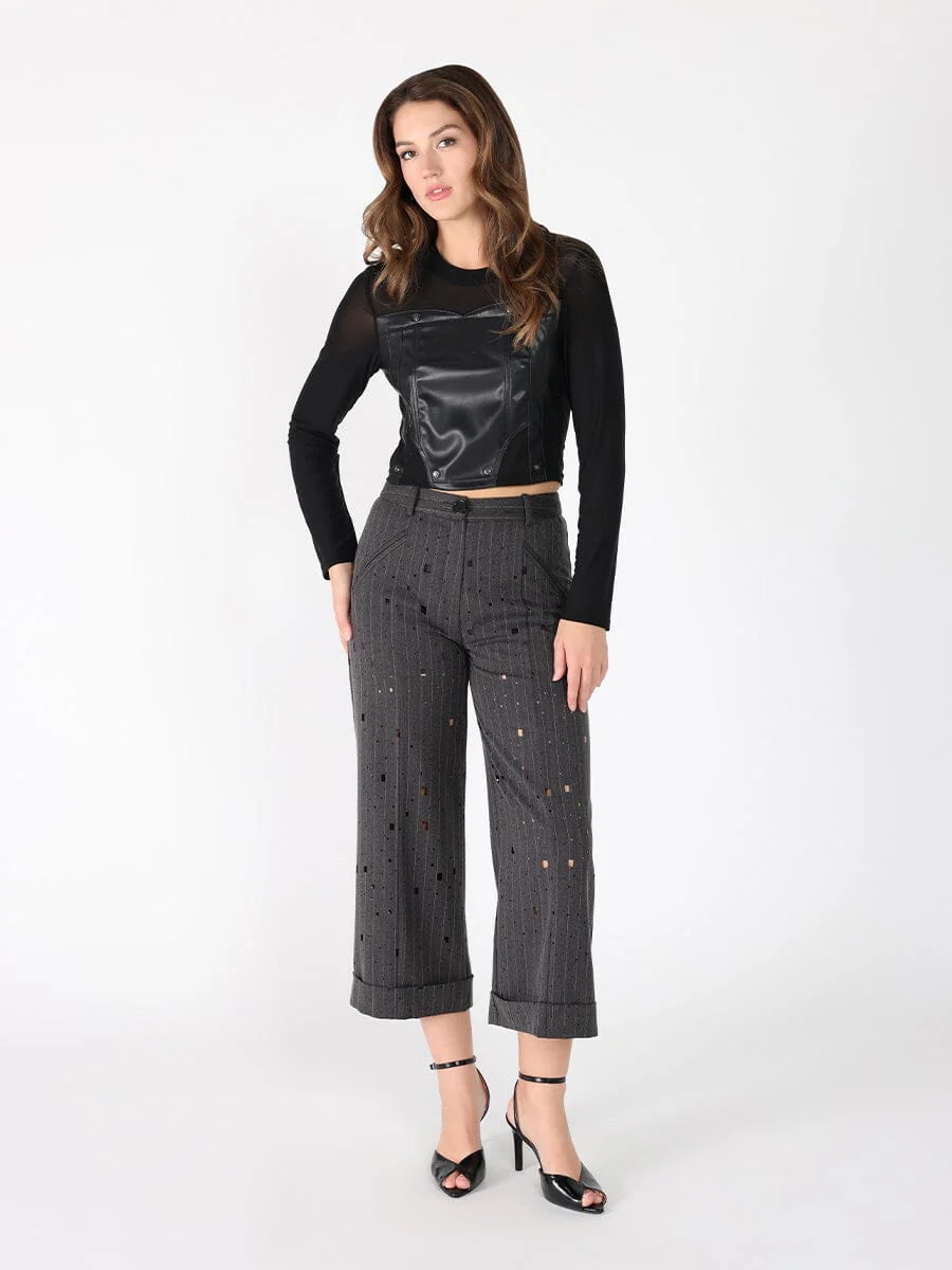 Long Sleeve Round Neck Leather Detailed Top - Image 2