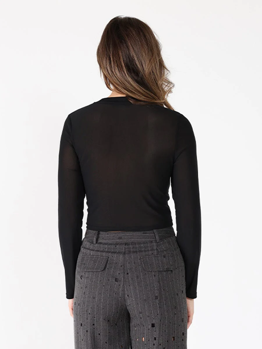 Long Sleeve Round Neck Leather Detailed Top - Image 4