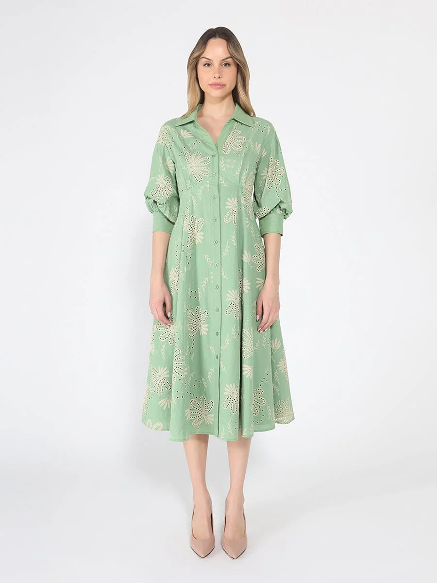 Patterned A-Line Dress with V-Neck Collar