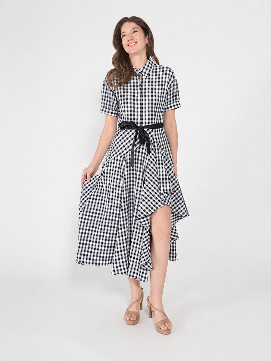 Plaid Pattern Asymmetrical Ruffle Midi Dress - Image 2