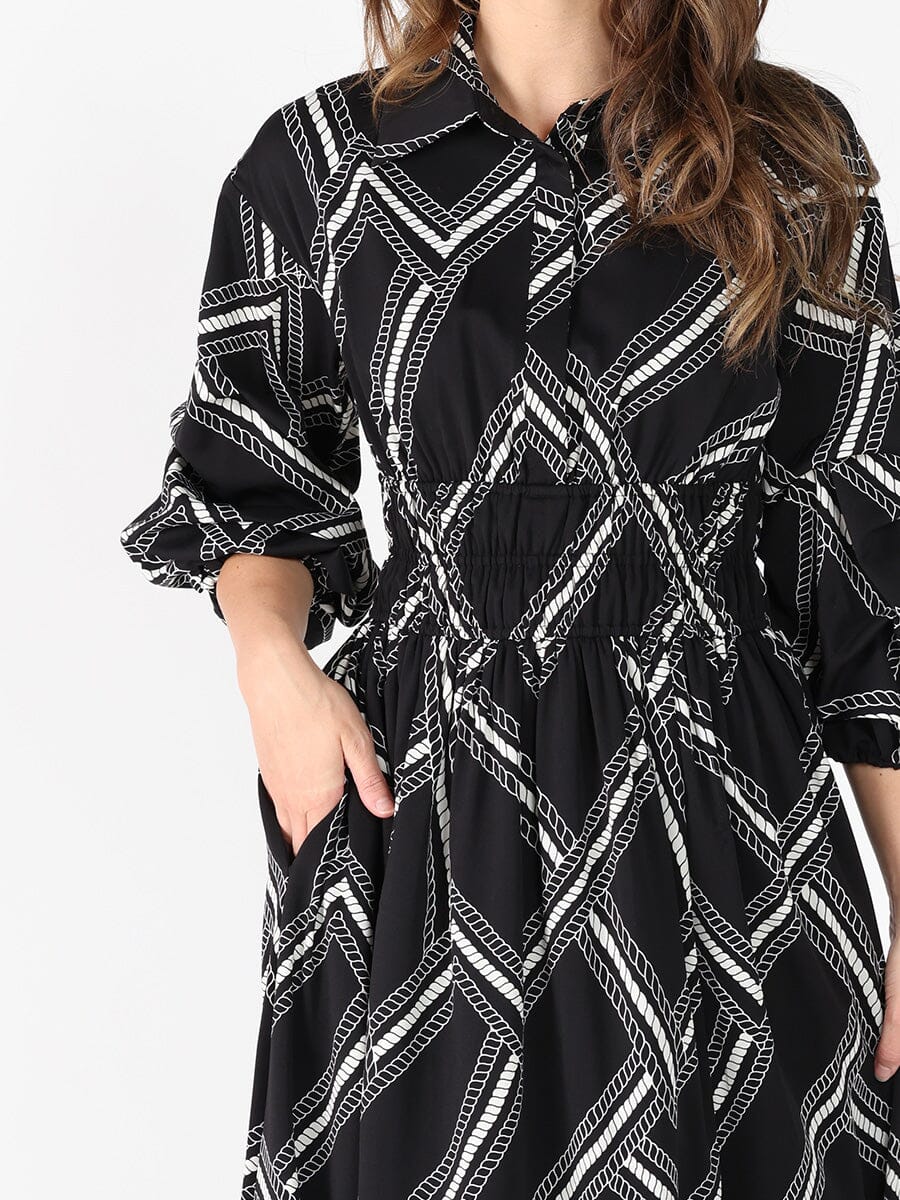 Printed shirt collar elastic waist dress - Image 3