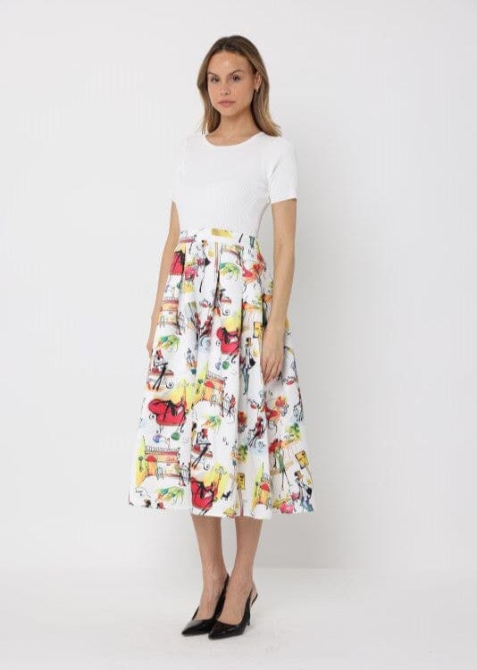 Printed Skirt w/ Ribbed Short Sleeve Top Midi Dres - Image 3