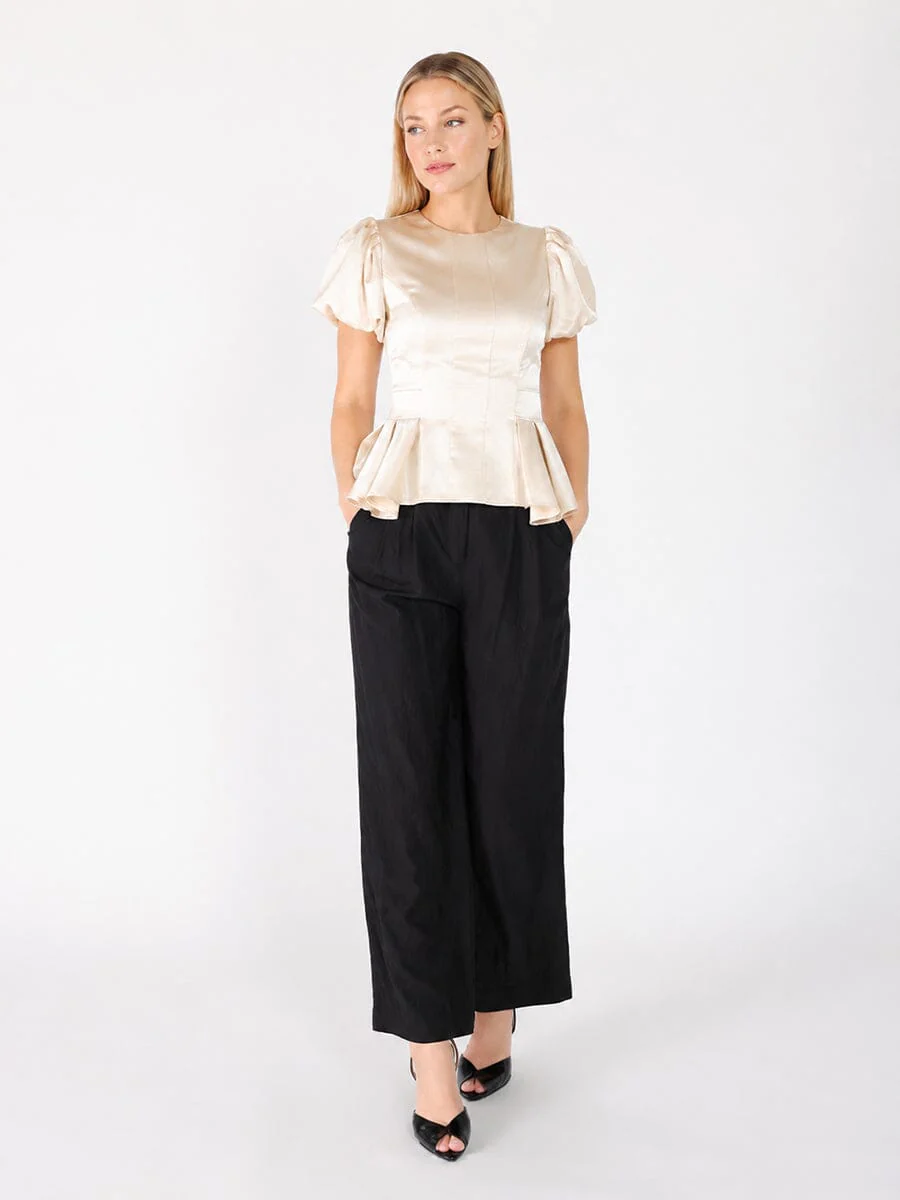 Puffed Sleeve Ruffle Bottom Crew Neck Top - Image 2