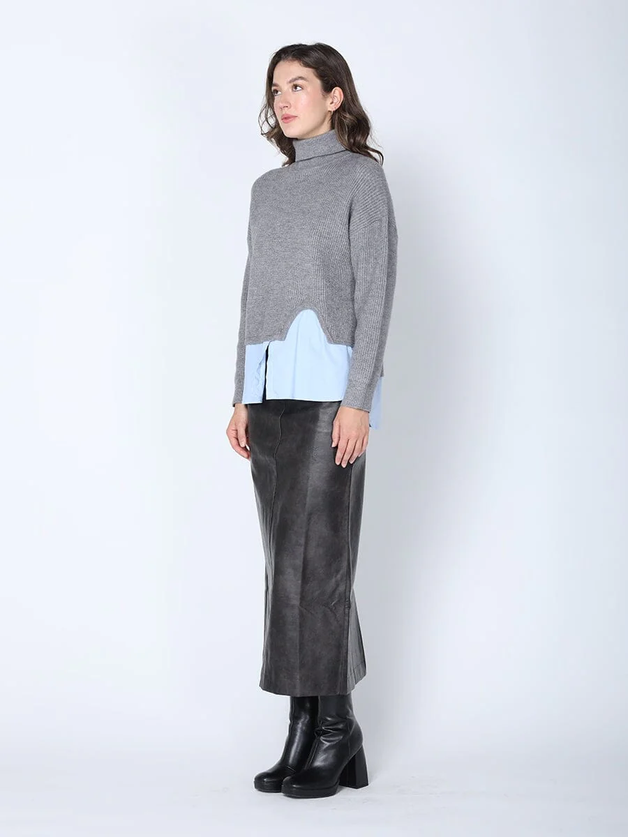 Roll-Neck Slit Sweater Layering with Shirt - Image 3