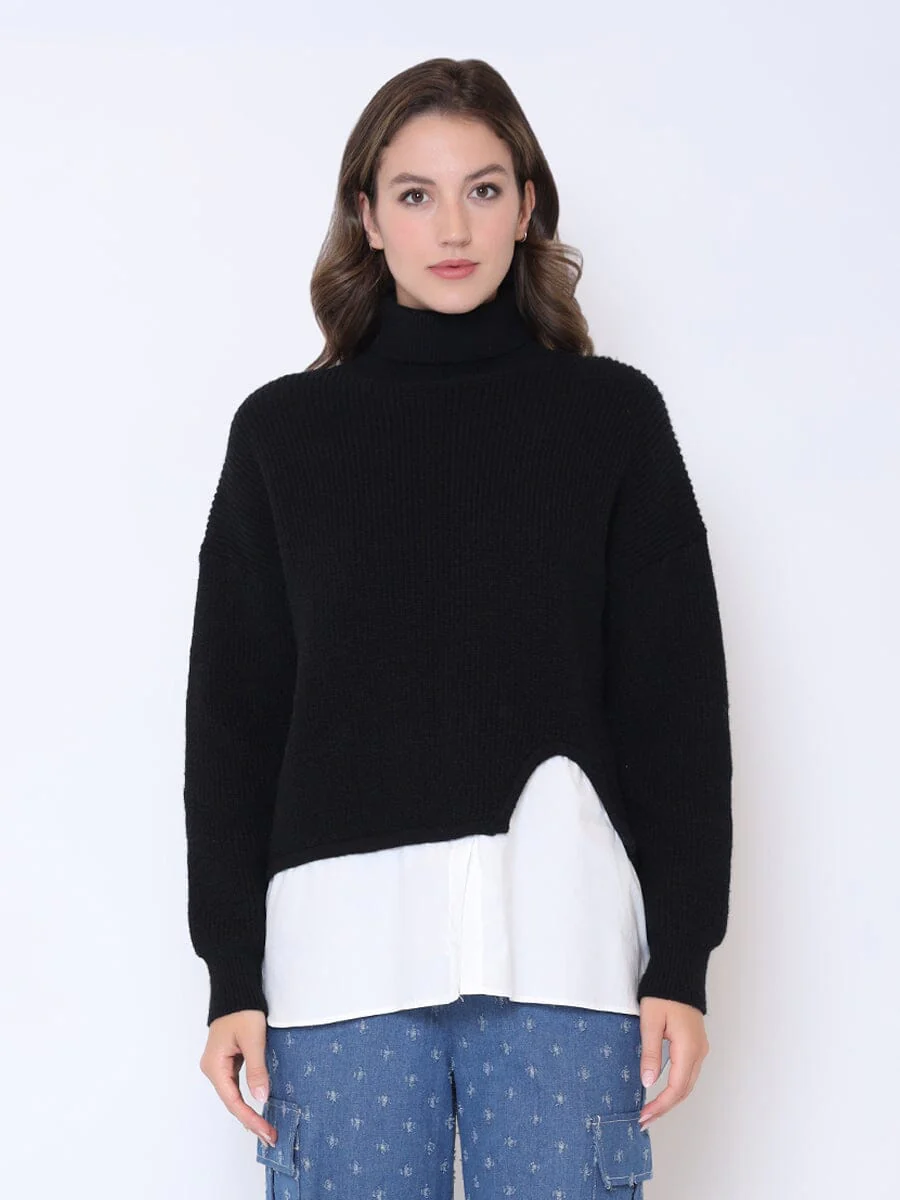 Roll-Neck Slit Sweater Layering with Shirt - Image 5