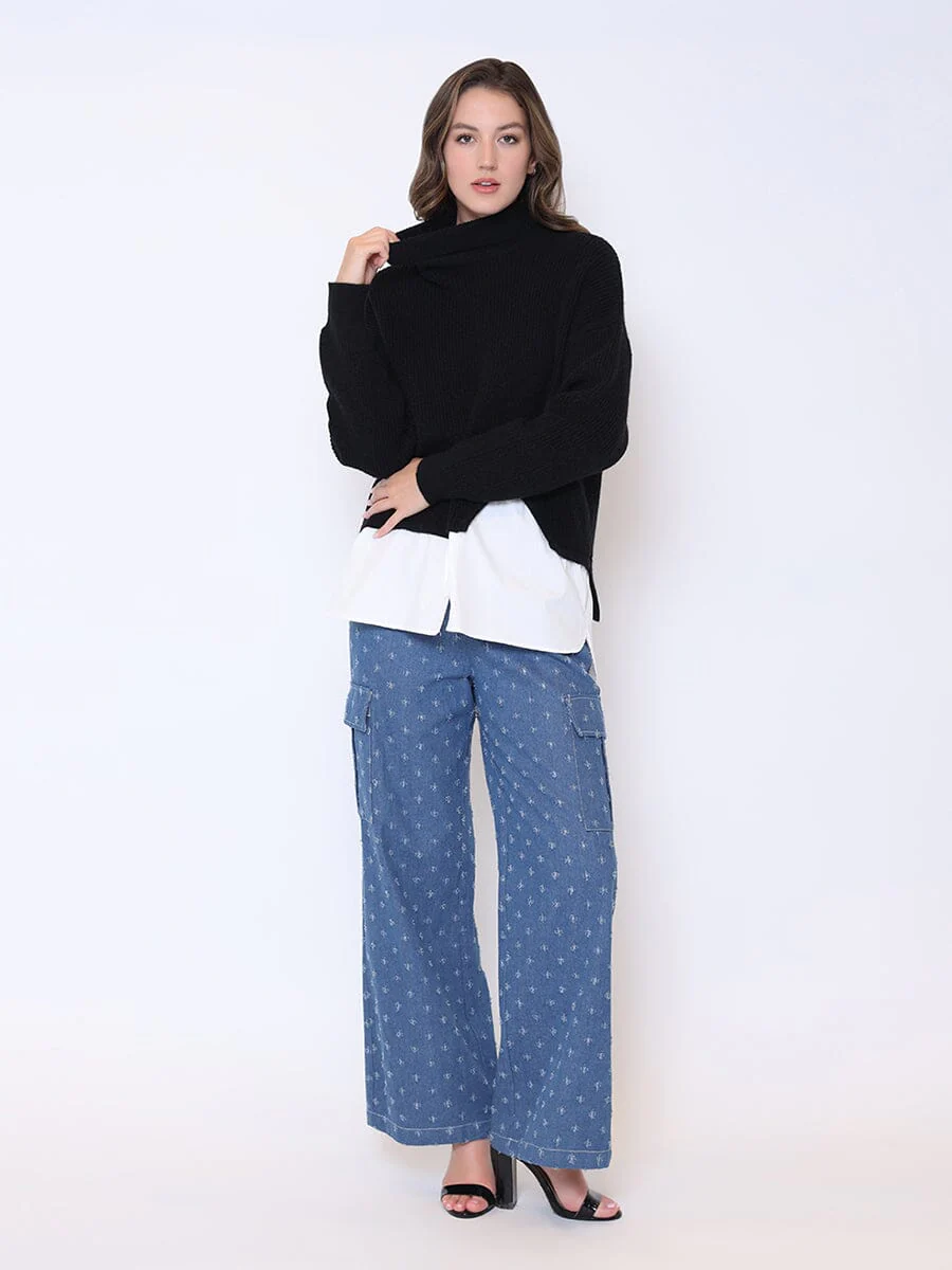 Roll-Neck Slit Sweater Layering with Shirt - Image 6
