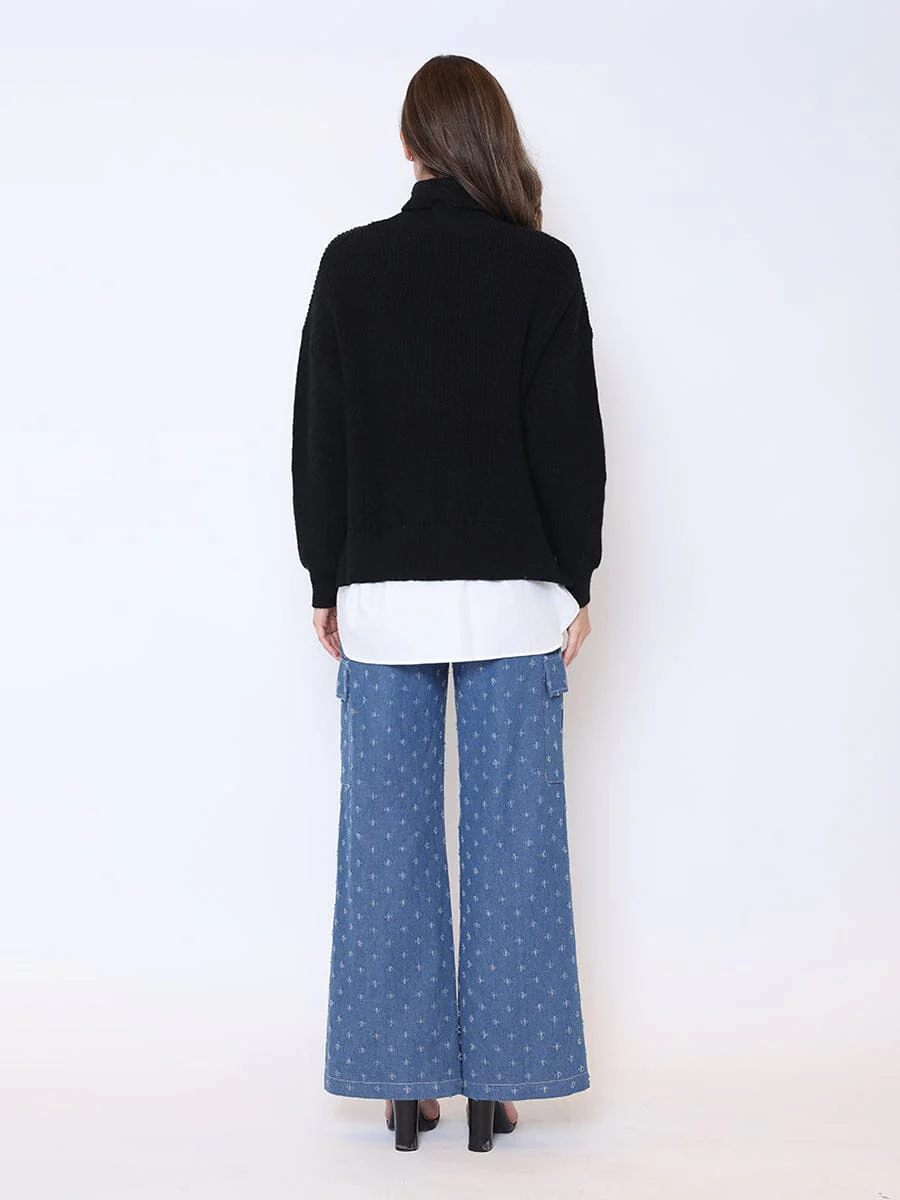 Roll-Neck Slit Sweater Layering with Shirt - Image 8