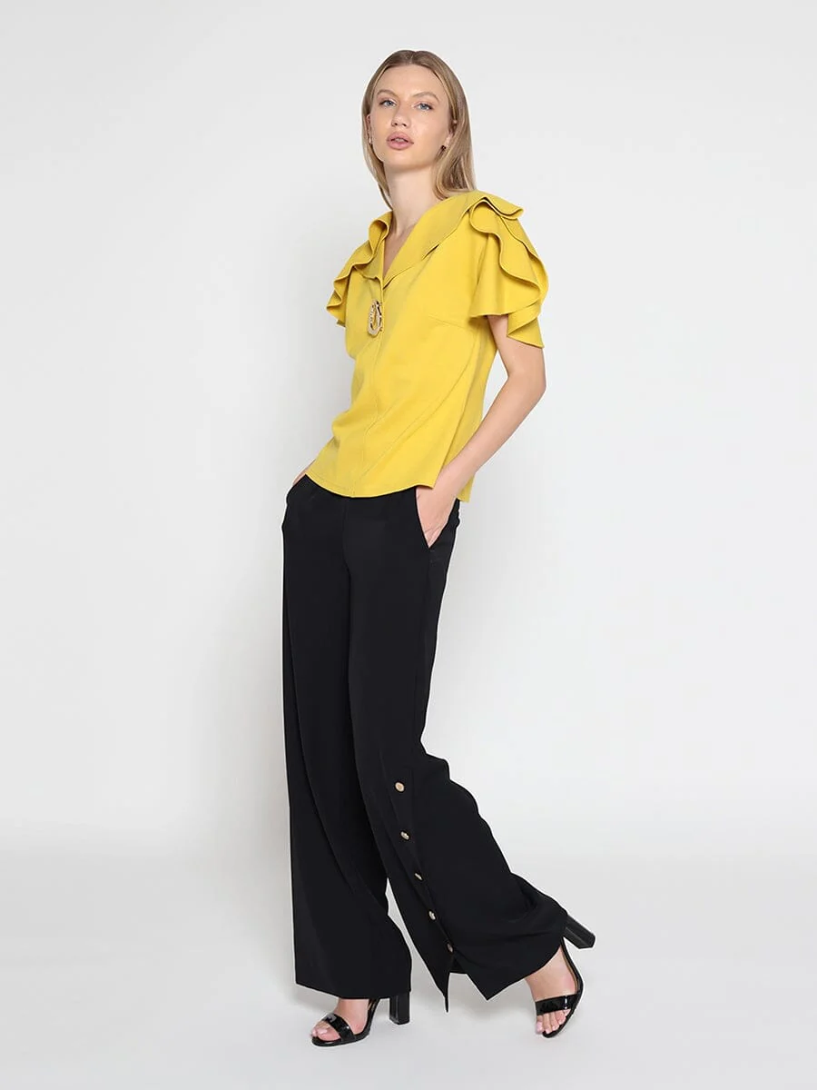Ruffled neck & sleeve brooch detail solid top - Image 2
