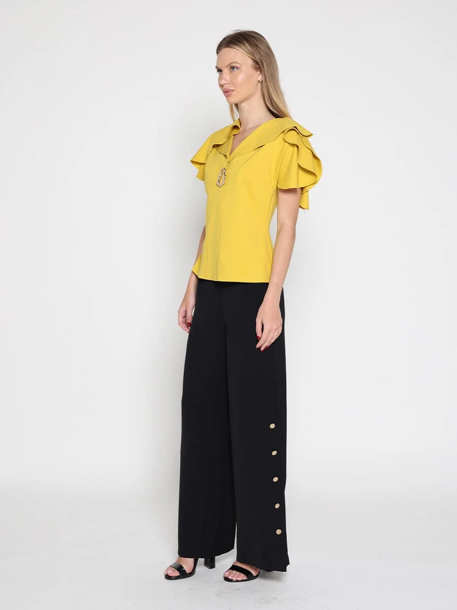 Ruffled neck & sleeve brooch detail solid top - Image 3