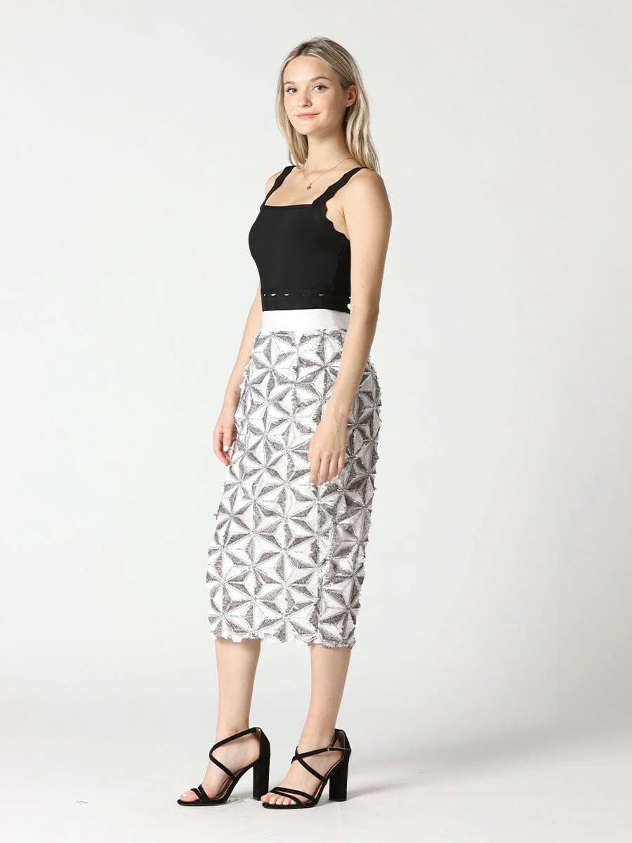 Sequin Beaded Pinwheel Motifs Banding Midi Skirt - Image 11