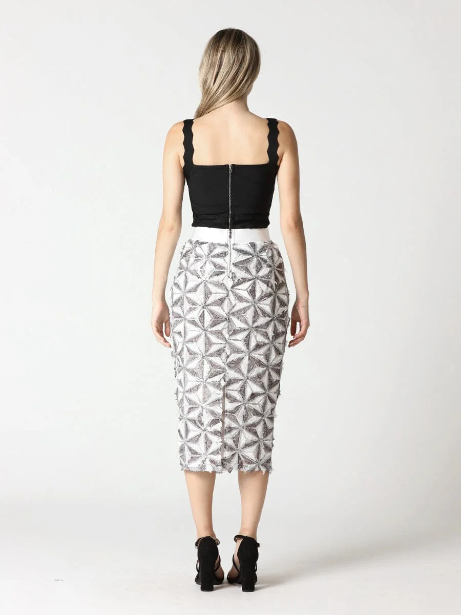 Sequin Beaded Pinwheel Motifs Banding Midi Skirt - Image 12