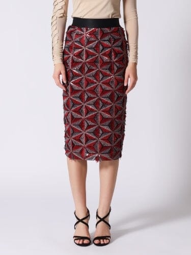 Sequin Beaded Pinwheel Motifs Banding Midi Skirt - Image 5