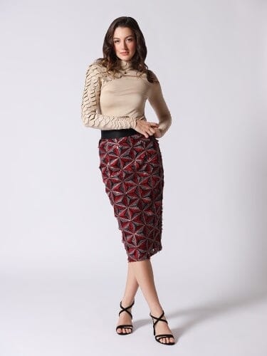 Sequin Beaded Pinwheel Motifs Banding Midi Skirt - Image 6