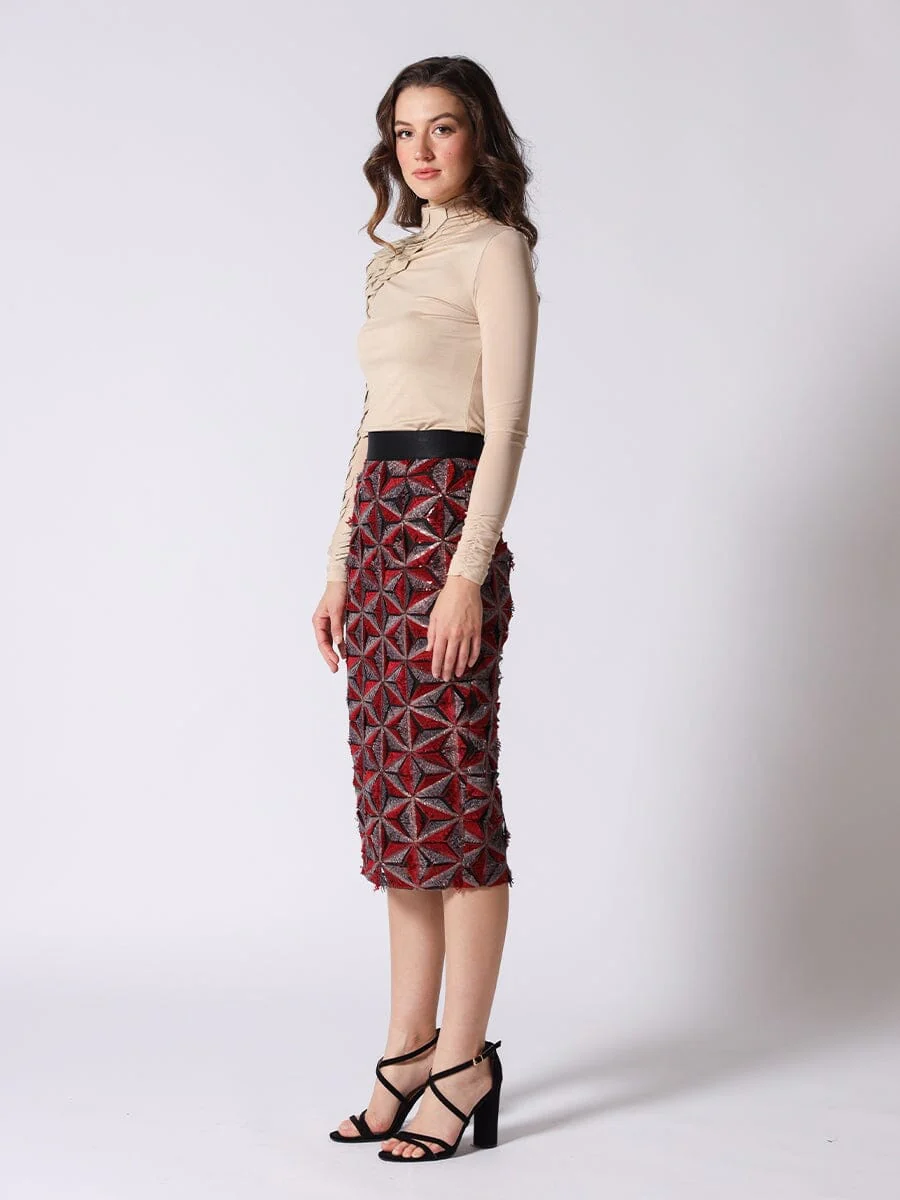 Sequin Beaded Pinwheel Motifs Banding Midi Skirt - Image 7