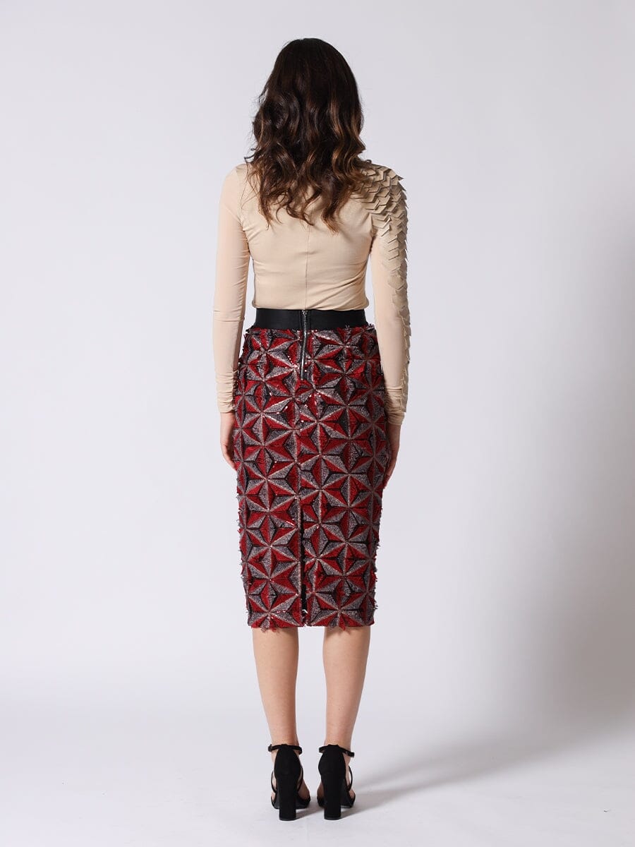 Sequin Beaded Pinwheel Motifs Banding Midi Skirt - Image 8
